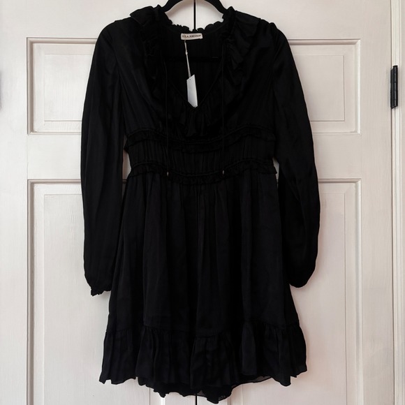 NEW Ulla Johnson Callista Silk Mini Dress Size 4 Black Long Sleeve Ruffle NWT - Picture 4 of 14